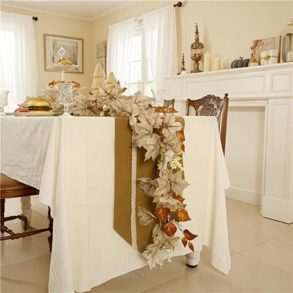 Fall Leaves Garland for Mantle, Autumn Leaf Garland with White Pumpkins - Picture 5 of 7